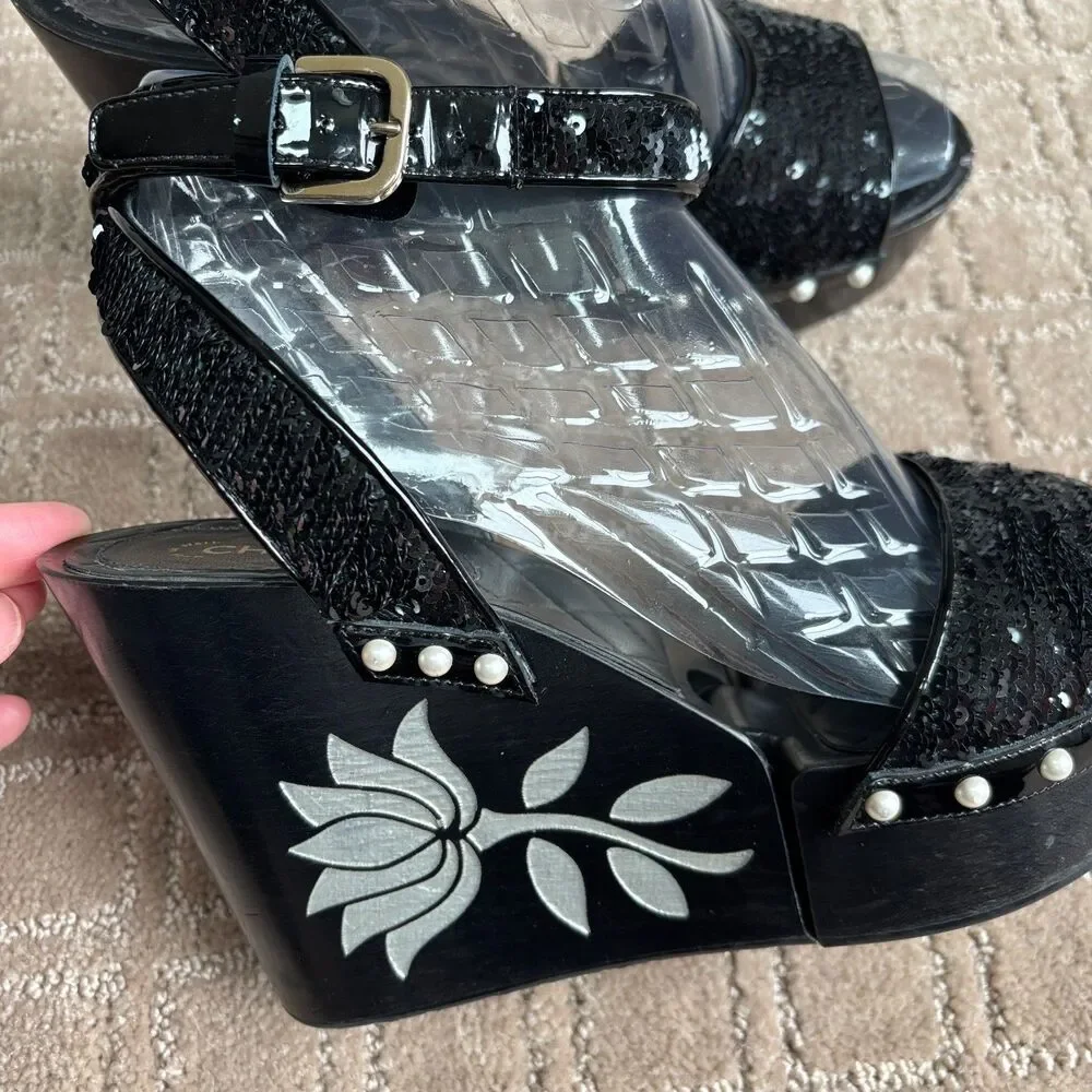 CHANEL 2016 Black Sequin Pearl Studded Wedge Sandals 38.5 Hinged Wood Platform
